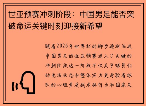世亚预赛冲刺阶段：中国男足能否突破命运关键时刻迎接新希望