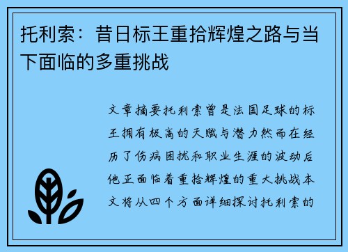托利索：昔日标王重拾辉煌之路与当下面临的多重挑战