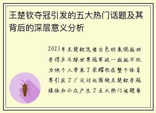 王楚钦夺冠引发的五大热门话题及其背后的深层意义分析