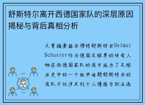 舒斯特尔离开西德国家队的深层原因揭秘与背后真相分析