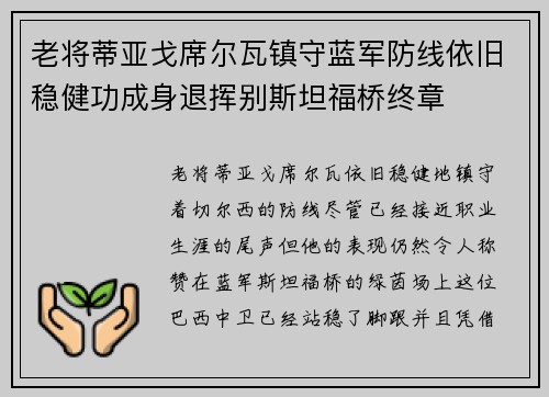 老将蒂亚戈席尔瓦镇守蓝军防线依旧稳健功成身退挥别斯坦福桥终章 老将蒂亚戈席尔瓦镇守蓝军防线依旧稳健功成身退挥别斯坦福桥终章