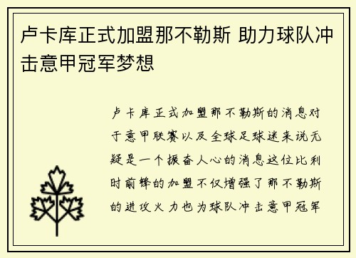 卢卡库正式加盟那不勒斯 助力球队冲击意甲冠军梦想