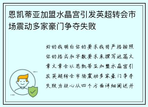 恩凯蒂亚加盟水晶宫引发英超转会市场震动多家豪门争夺失败