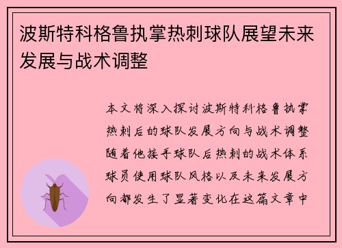 波斯特科格鲁执掌热刺球队展望未来发展与战术调整